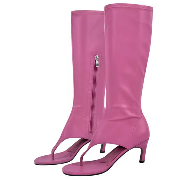 Women Color Fashion Open Toe Zip Up Faux Leather Boots