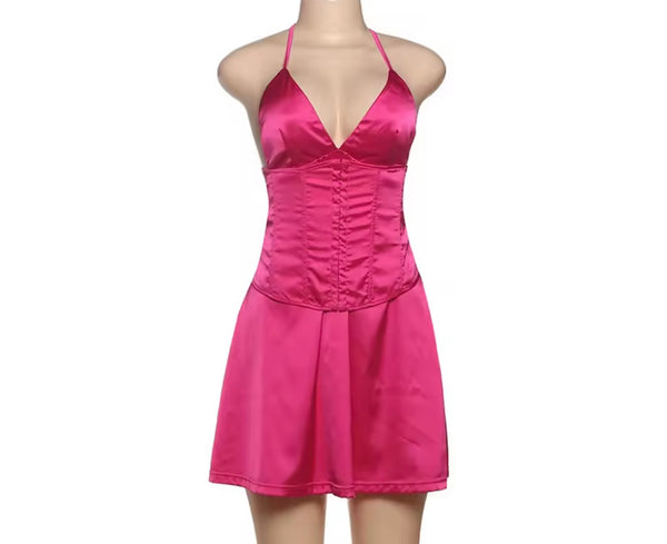 Women Color Sexy Satin Halter Sleeveless Corset Dress