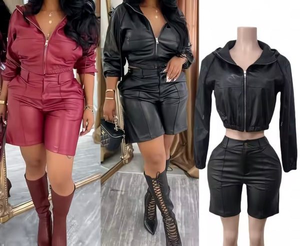Women Fashion Hooded Zip Up Faux Leather Two Piece Short Set