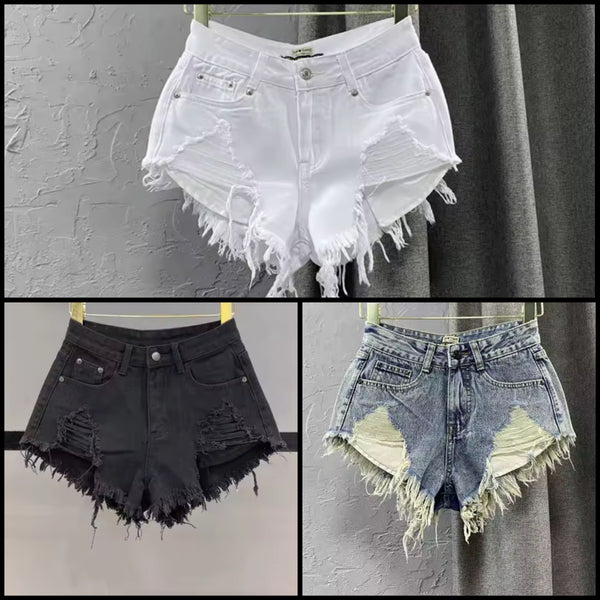 Women Fashion Ripped Fringe Denim Shorts