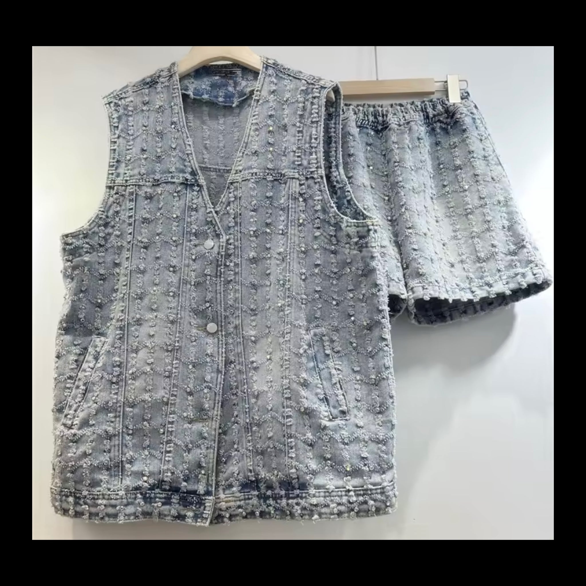 Women Fashion Button Up Sleeveless Vest Denim Two Piece Short Set
