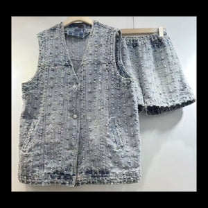 Women Fashion Button Up Sleeveless Vest Denim Two Piece Short Set