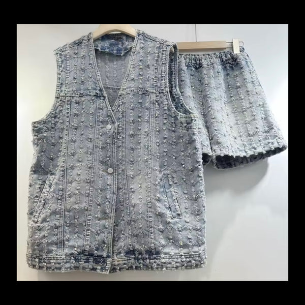 Women Fashion Button Up Sleeveless Vest Denim Two Piece Short Set