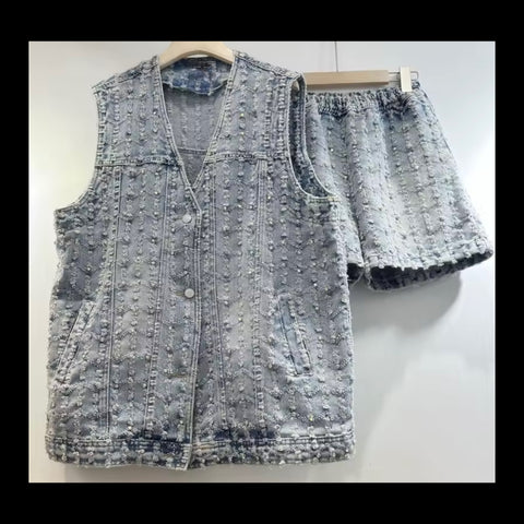 Women Fashion Button Up Sleeveless Vest Denim Two Piece Short Set