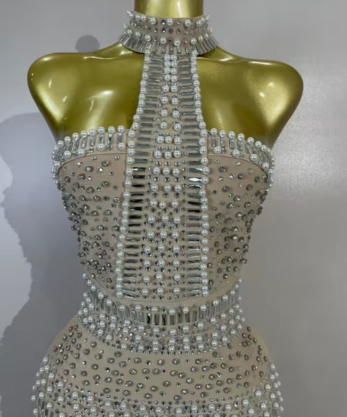 Women Sexy Halter Sleeveless Pearl Rhinestone Feather Dress