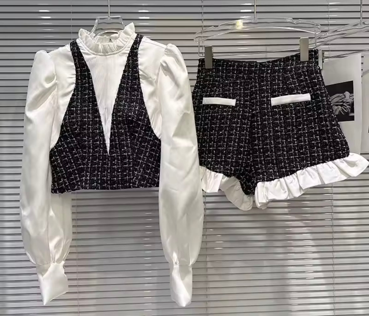 Women Tweed Full Sleeve Fashion Two Piece Ruffled Short Set