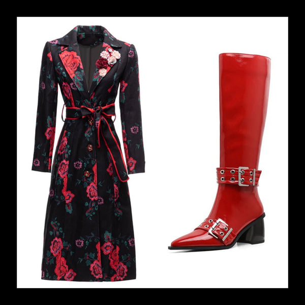 Women Fashion Pointed Toe Buckled Flat Knee High Boots