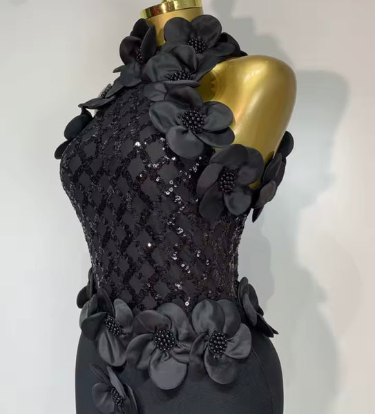 Women Sexy Sleeveless Sequins Beaded 3D Floral Maxi Dress