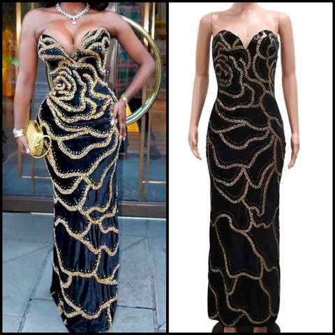 Women Sexy Strapless Sequins Maxi Dress