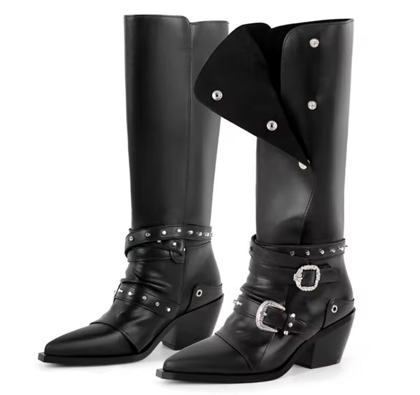 Women Fashion Black Buckled Button Knee High Western Boots