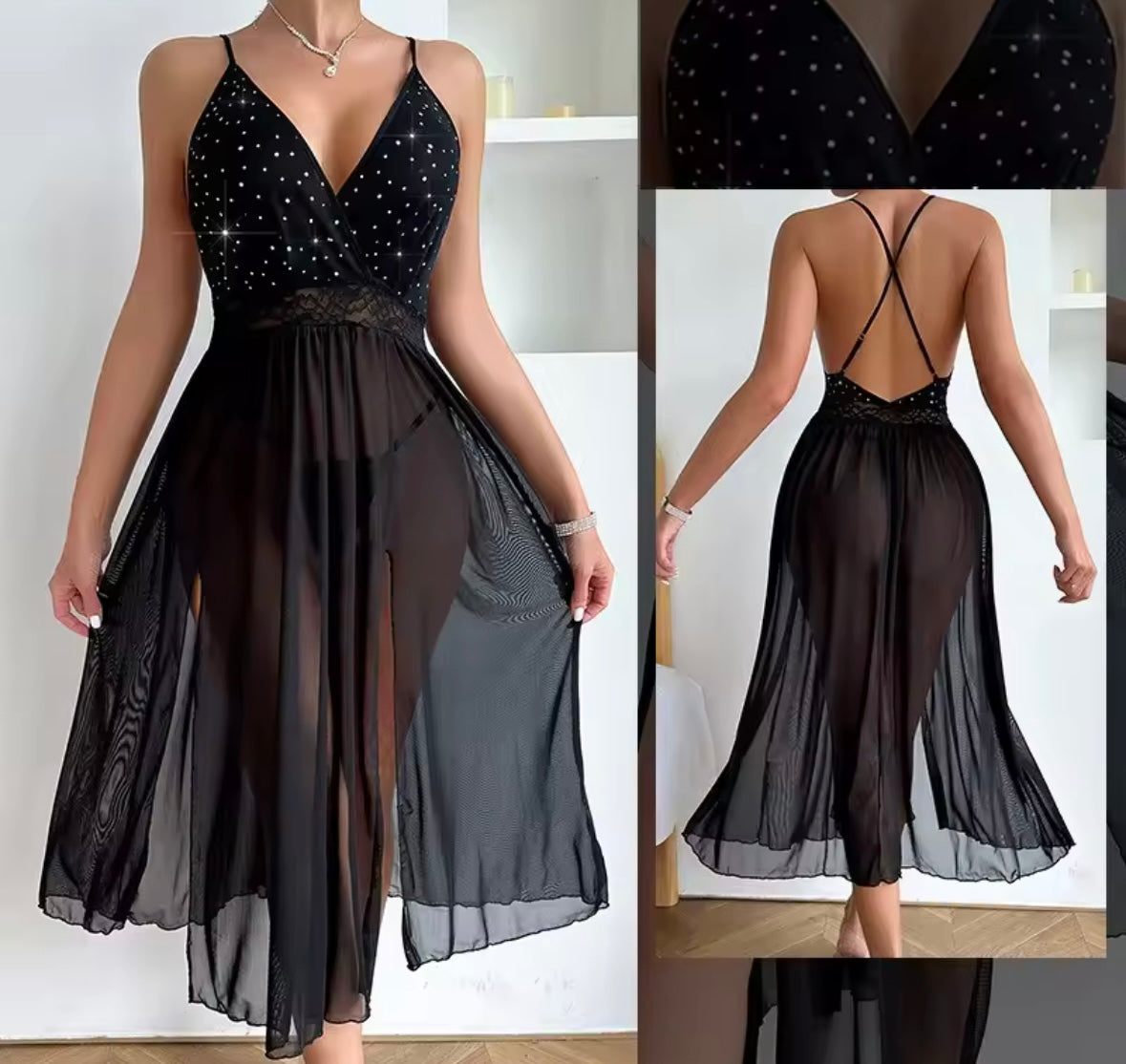 Women Sexy Sleeveless Bling Mesh Nightgown Lingerie