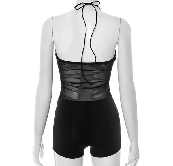 Women B&W Fashion Faux Leather Patchwork Two Piece Romper Set