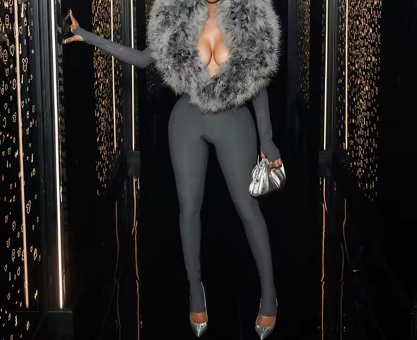 Women Fashion Faux Fur Full Sleeve Jumpsuit