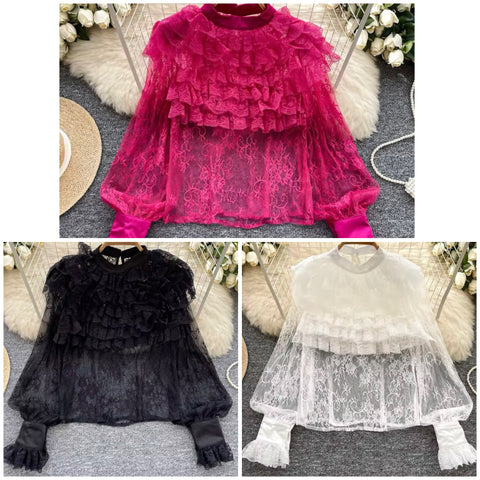 Women Ruffled Lace Full Sleeve Fashion Top