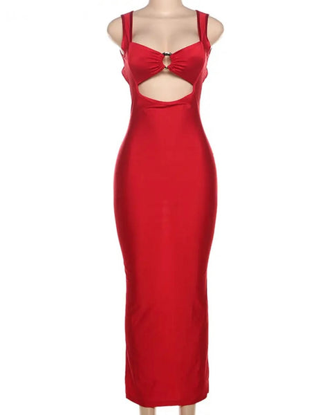 Women Red Sexy Sleeveless Open Back Maxi Dress