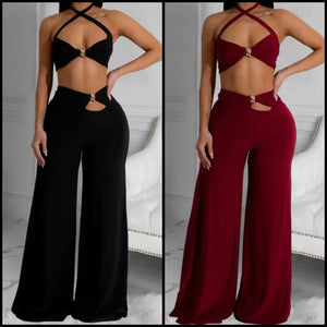 Women Sexy Halter Sleeveless Metal Cut Out Two Piece Pant Set