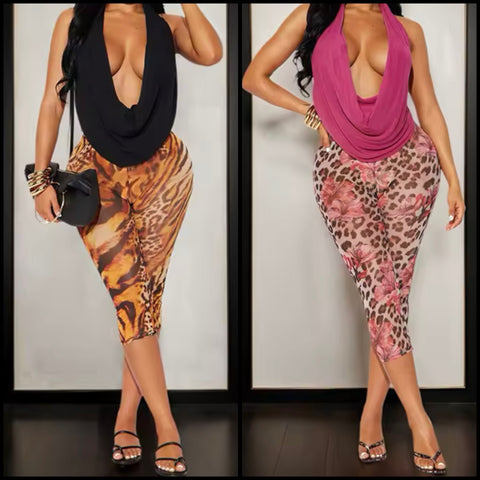 Women Sexy Sleeveless Two Piece Leopard Print Pant Set