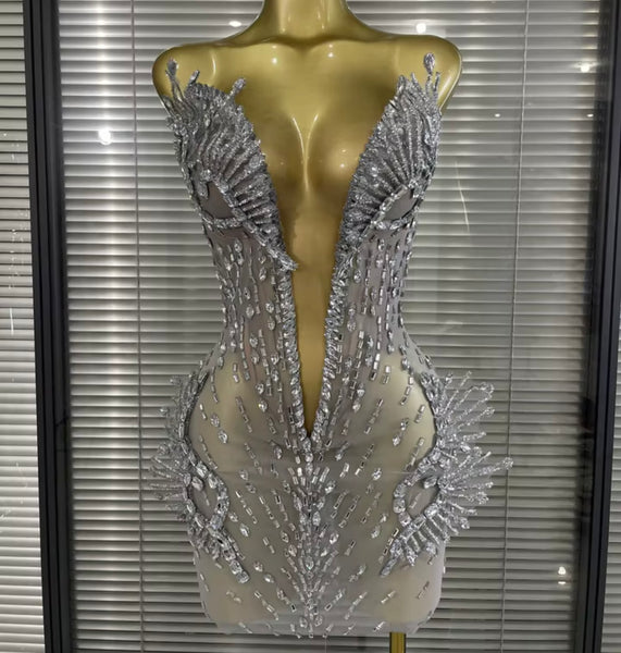 Women Sexy Strapless Silver Rhinestone Mesh Dress