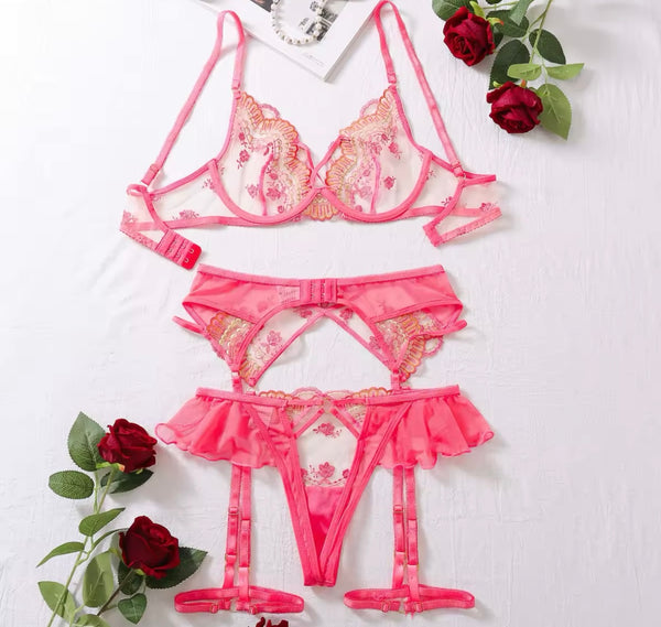 Women Sexy Pink Embroidery Mesh Lingerie Set