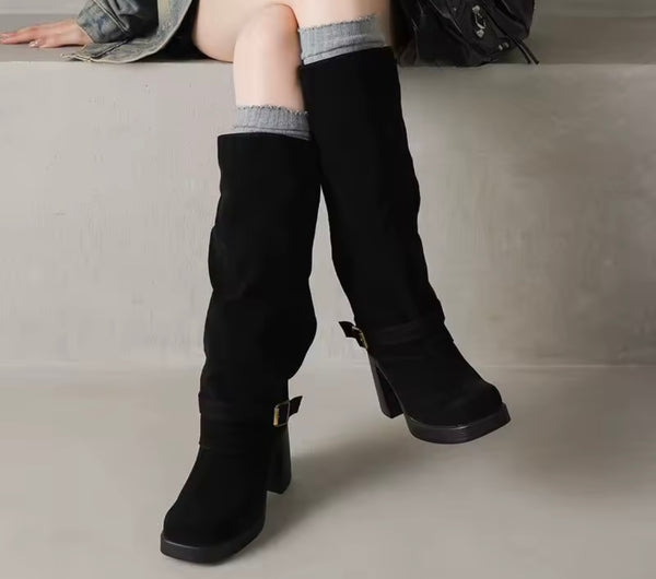Women Fashion Square Toe Buckled Suede Knee High Boots