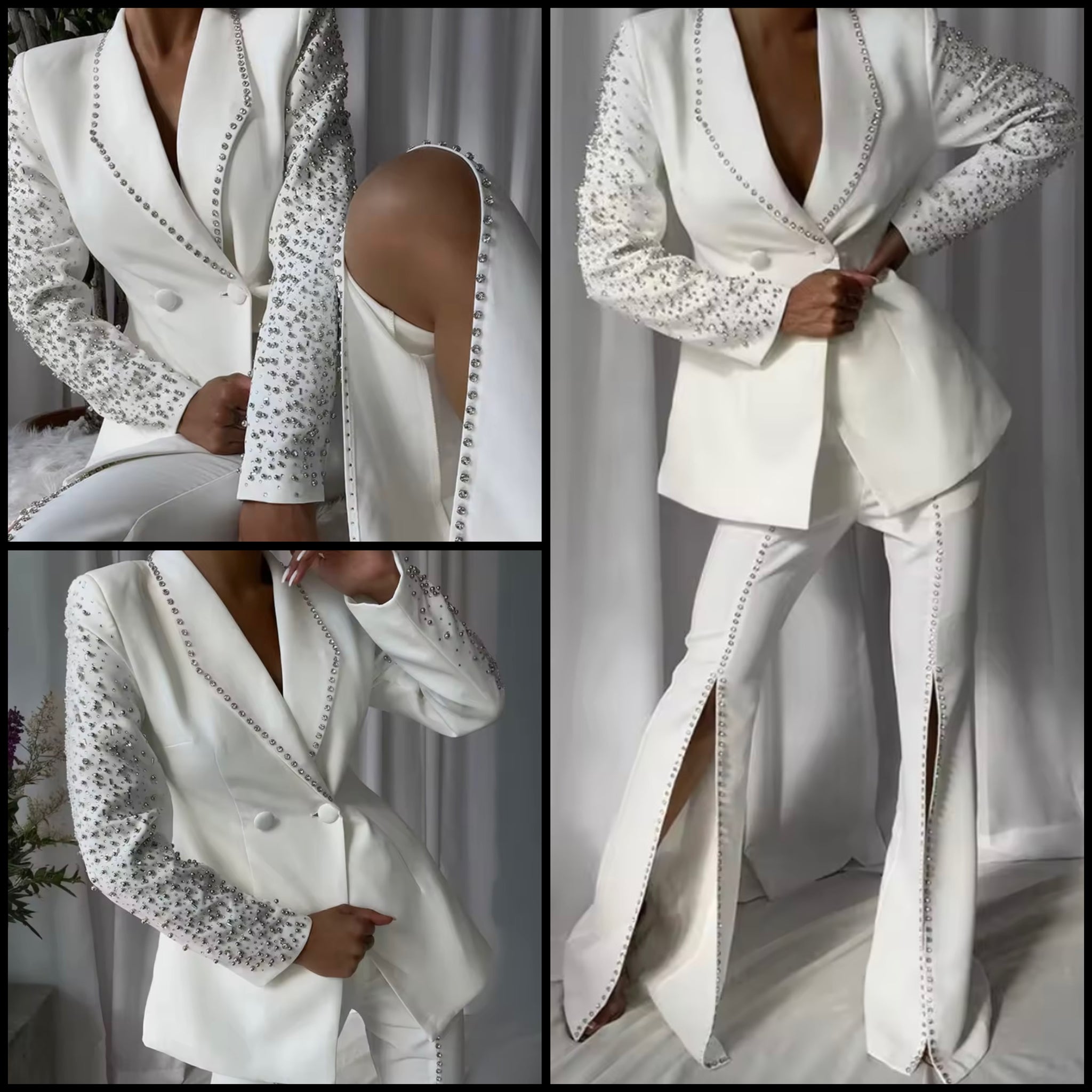 Women White Rhinestone Button Up Blazer Two Piece Split Pant Set