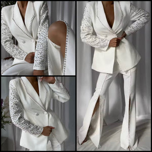 Women White Rhinestone Button Up Blazer Two Piece Split Pant Set