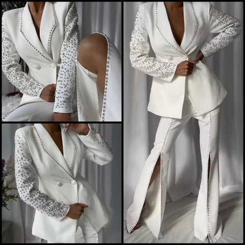 Women White Rhinestone Button Up Blazer Two Piece Split Pant Set