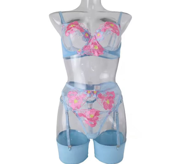 Women Sexy Color Floral Mesh Lingerie Set