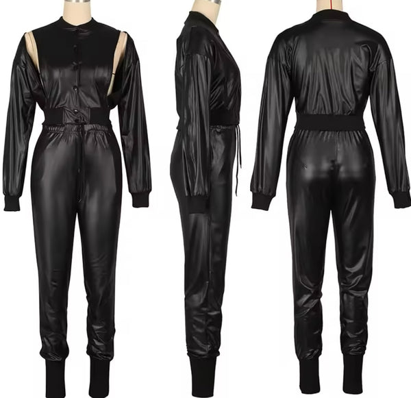 Women Fashion Faux Leather Spliced Jacket Two Piece Pant Set