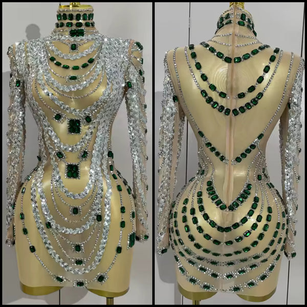 Women Sexy Crystal Rhinestone Mesh Full Sleeve Dress