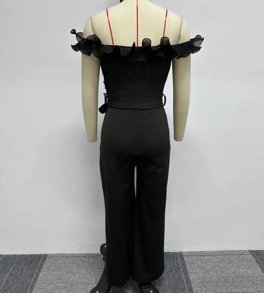 Women Sexy Black Off The Shoulder Ruffled Short Sleeve Jumpsuit