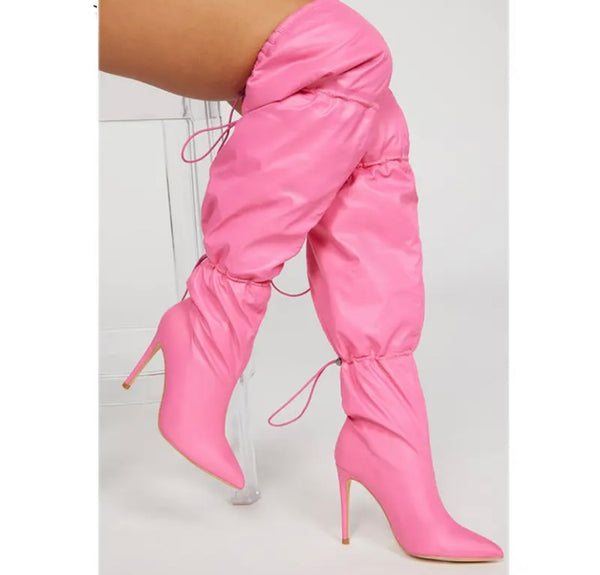 Women Fashion Faux Leather Pink Drawstring Knee High Boots