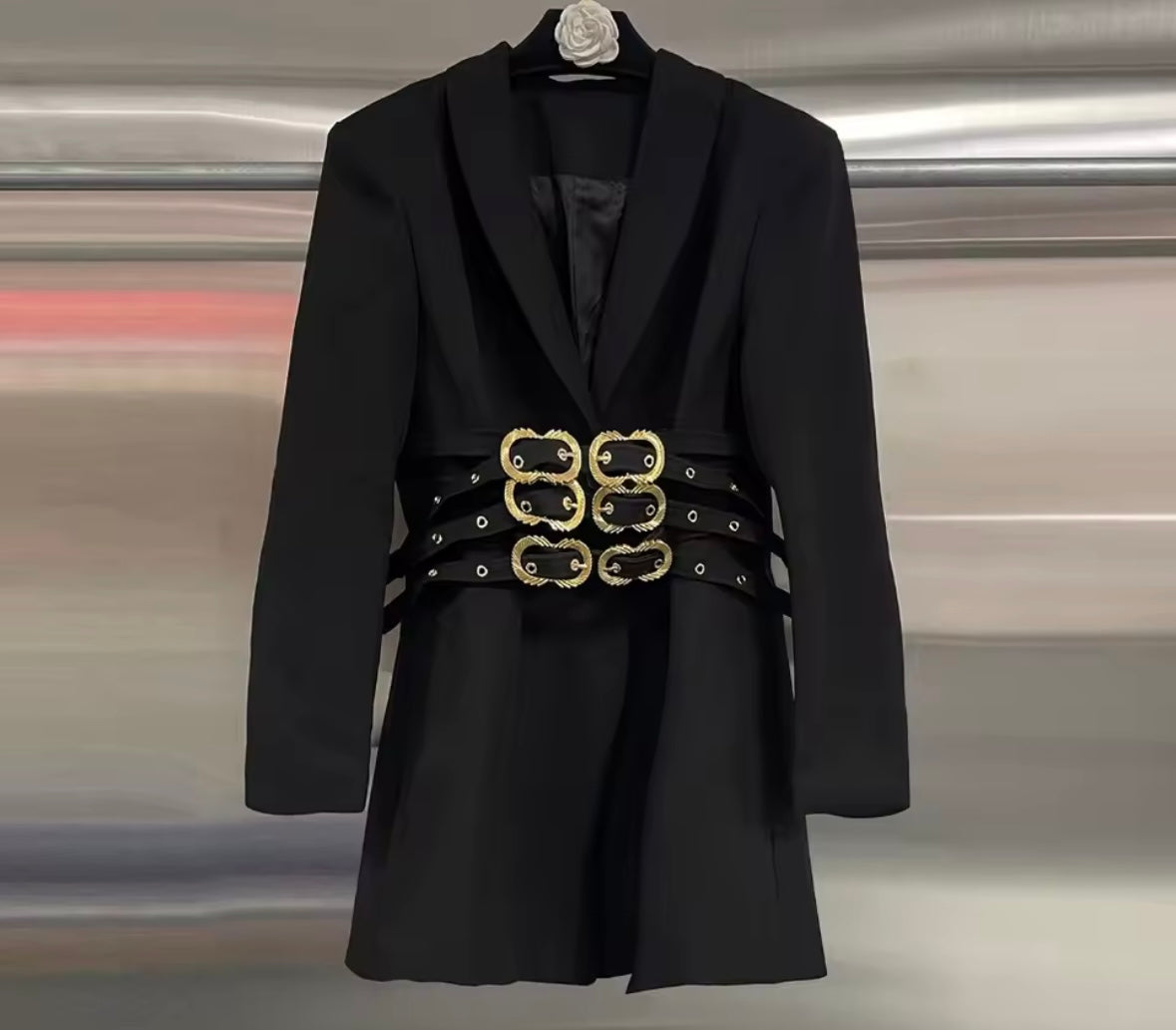 Women Fashion Color Buckle Belted Full Sleeve Blazer Top