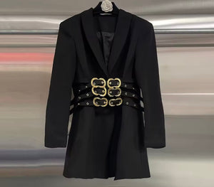 Women Fashion Color Buckle Belted Full Sleeve Blazer Top