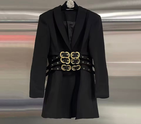 Women Fashion Color Buckle Belted Full Sleeve Blazer Top