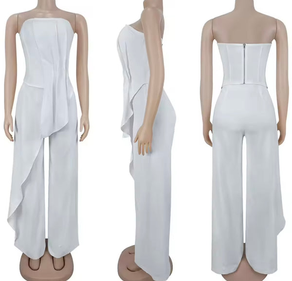 Women Strapless Ruched Asymmetrical Two Piece Pant Set