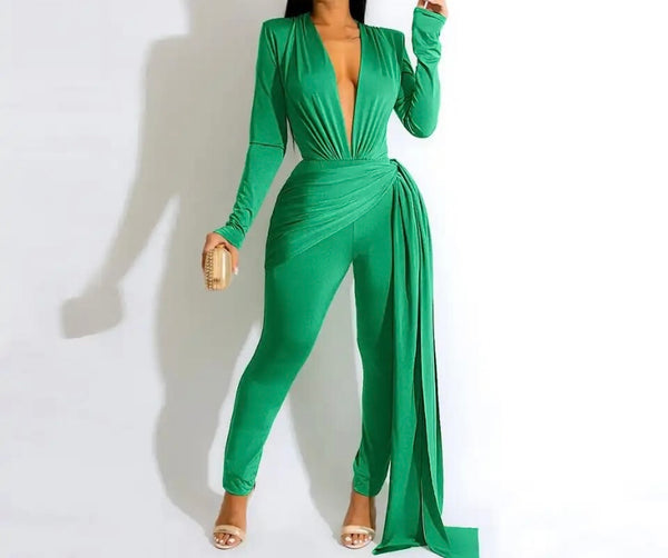 Women Sexy Deep V-Neck Full Sleeve Asymmetrical Jumpsuit