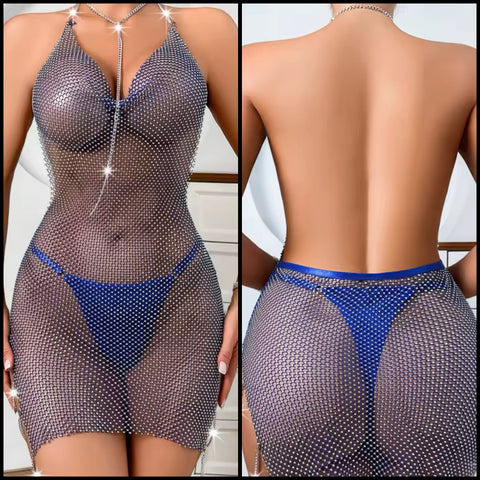 Women Blue Sexy Chain Halter See Through Lingerie Set