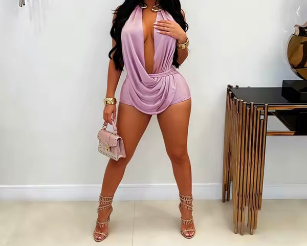 Women Sexy Draped Halter Open Back Sleeveless Romper