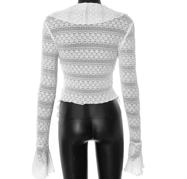 Women White Ruffled Mesh Full Sleeve Top