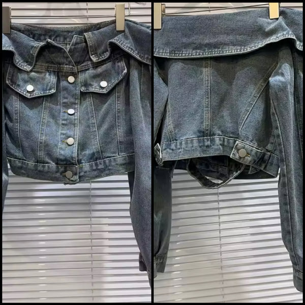 Women Fashion Off The Shoulder Button Up Denim Jacket