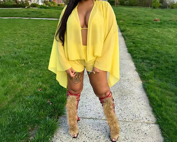 Women Sexy Mesh Full Flare Sleeve Three Piece Short Set