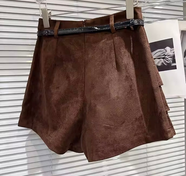 Women Suede Sequins Ruffle Wrap Shorts