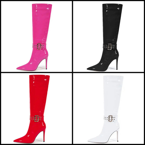Women Fashion Patent Leather Buckled Knee High Boots