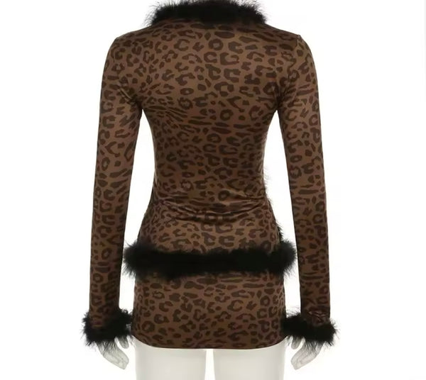 Women Sexy Fur Patchwork Leopard Two Piece Skirt Set