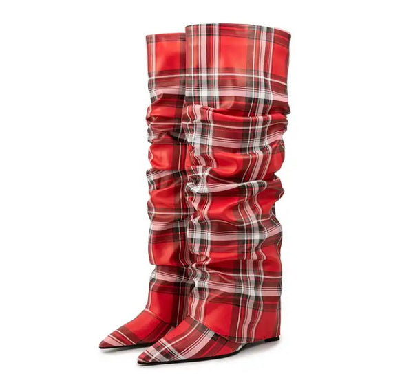 Women Fashion Color Plaid Wedge Platform Ruched Knee High Boots