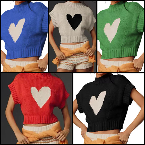 Women Fashion Heart Print Short Sleeve Sweater Top