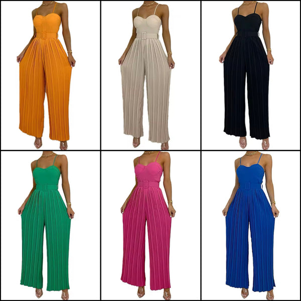 Women Sleeveless Solid Color Fashion Pleated Jumpsuit