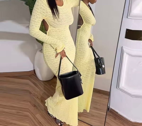 Women Yellow Lace Open Back Full Sleeve Sexy Maxi Dress