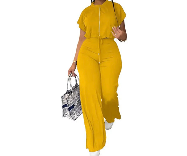 Women Fashion Zip Up Short Sleeve Fashion Two Piece Pant Set